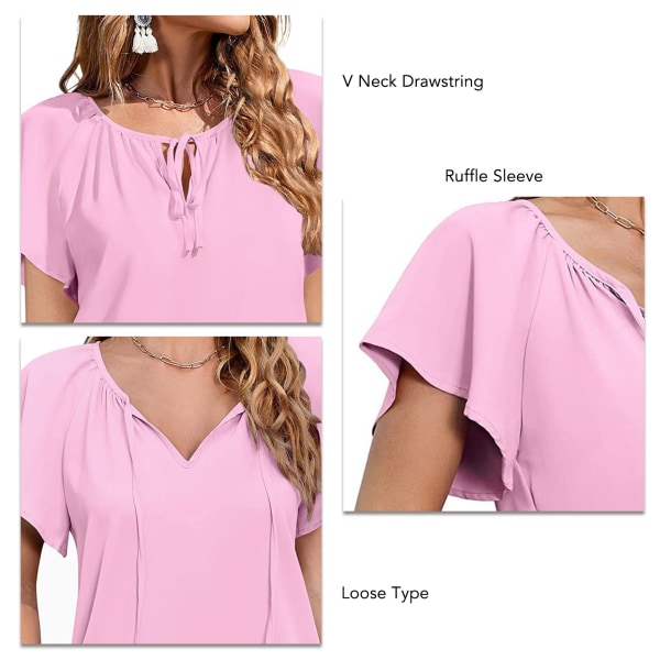Kvinde afslappet chiffon top trykt V-hals kortærmede bluser skjorte med snøre til sommer Pink XL