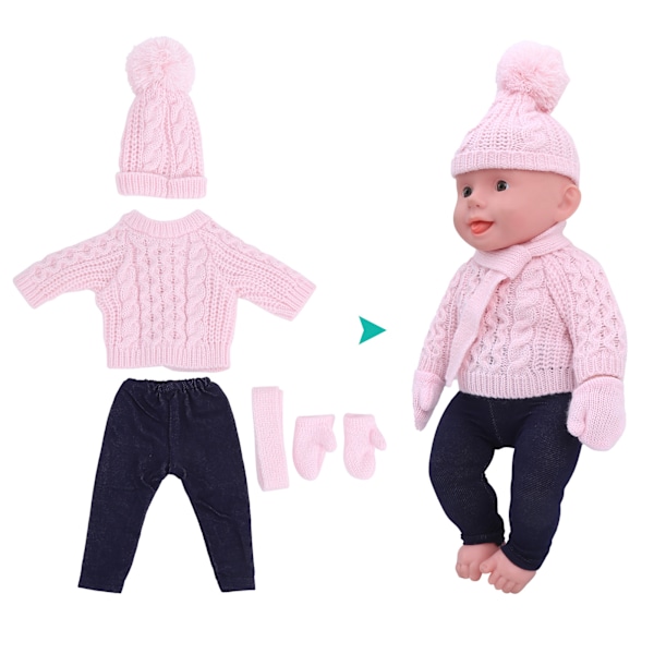 Dukkeklær Genser Bukser Hatter Skjerf Hansker Dukketilbehør for 18 tommers Baby DollQ18‑786 Lyse Rosa for 43 cm Dukke