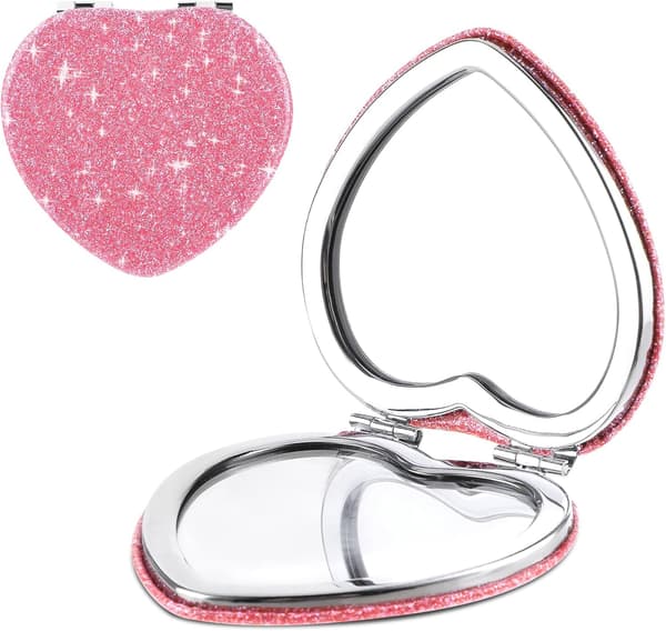 Compact Mirror for Purse, Heart-shaped Double-sided 1X/2X Magnifying Glitter Mini Makeup Mirror Travel Portable