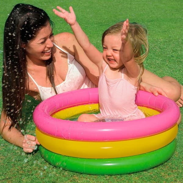 Uppblåsbar rund pool 3 ringar + uppblåsbar bas 61 x 22 cm, 28 l, Blå, rosa, grön