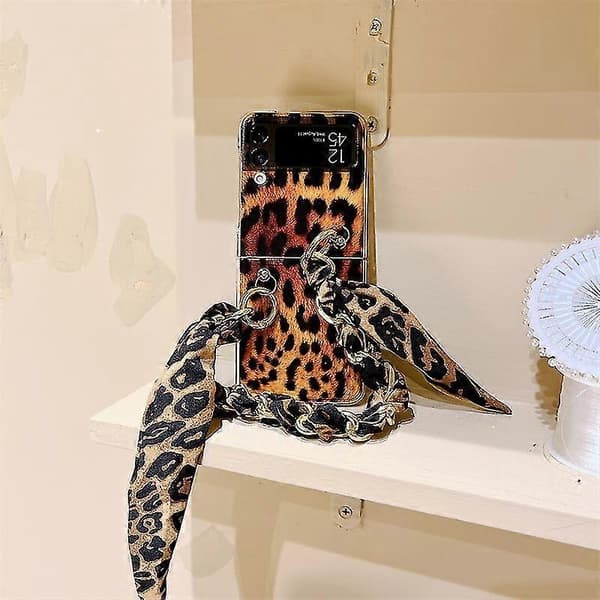 Leopard Pattern Case Compatible With Samsung Galaxy Z Flip 4, Shockproof Hard PC Case With Hand Strap