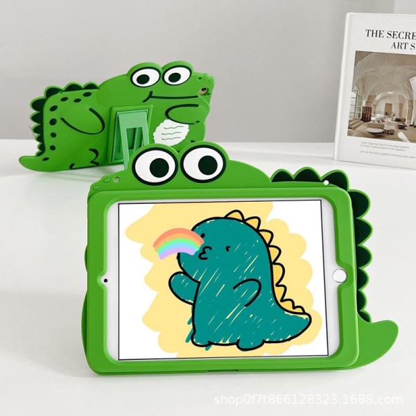 Veske for barn iPad Mini 6 2021 (6. generasjon, 8,3 tommer) + skjermbeskytter Søt 3D Anime Silikon Støtsikkert stativ Big Eyes Dinosaur