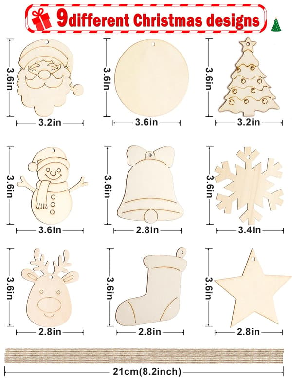 Set med 45 obehandlade julgransprydnader i trä (9 designer) – Förborrade träkulor att måla och personifiera