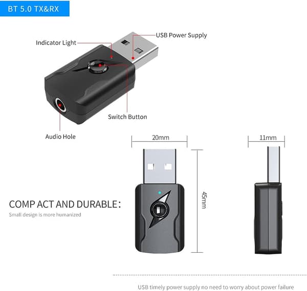 USB Bluetooth 5.0-adapter, USB Bluetooth-lydsender 5.0-mottaker Bluetooth-adapter med 3,5 mm lydkabel for PC/TV/bil/høyttaler/MP3/hodetelefoner
