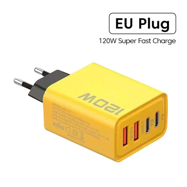 Total 120W Hurtiglader Type C Quick Charge 3.0 USB-laderadapter for iPhone Samsung Xiaomi PD USB-lader Hurtigladeplugg EU Gul
