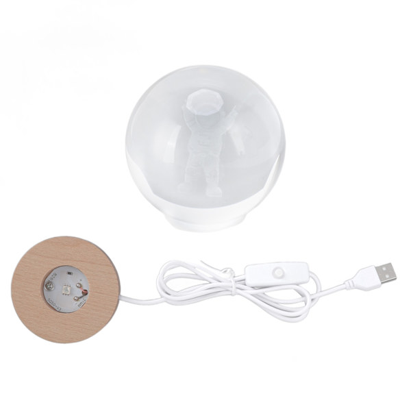 LED-yölamppu, kristallipallo USB-puualustalla, 3D-sisäkaiverruskoriste, yölamppu kodin sisustukseen, pieni astronautti, värikäs valo