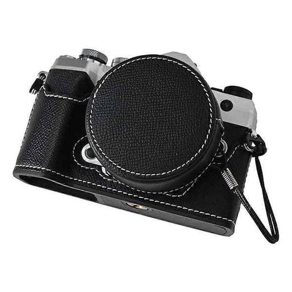 For Olympus OM-5 Camera Case Half-Wrapped Leather Bottom with Lens Cap - Black