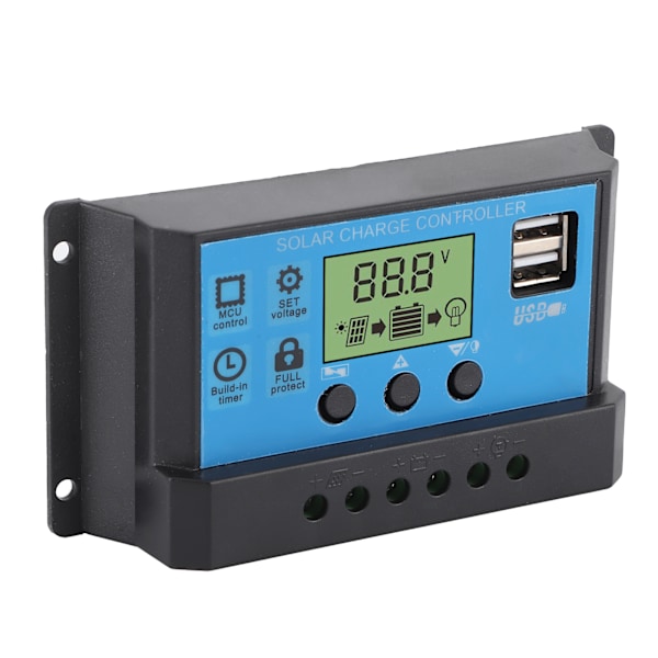 12V 24V Solcellsladdnings- och urladdningsregulator PWM LCD-display Dubbel USB-utgångsregulator för hem industribil 30A
