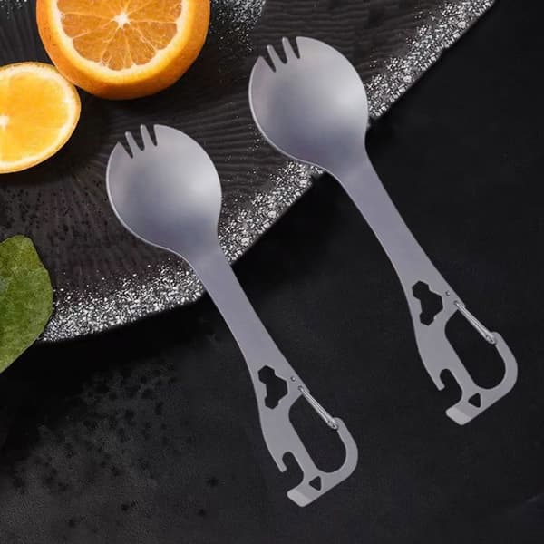 5 i 1 Spork i Rustfrit Stål Campingbestik med Ske, Gaffel, Flaskeåbner