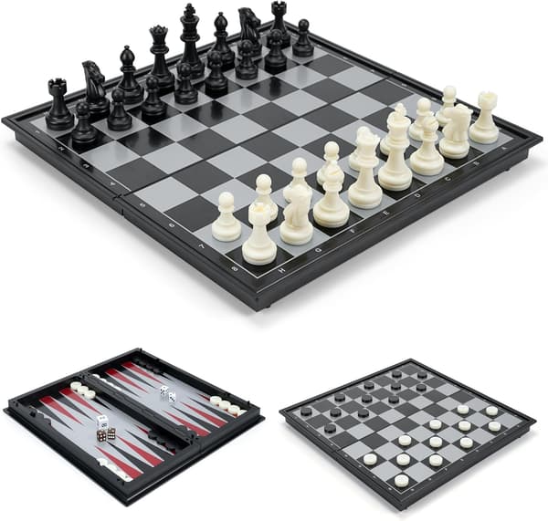Schackset Backgammon och Dam 3 i 1, Portabelt och Vikbart Schackbräde, Magnetiskt Schack, Reseschackbräde Damspel