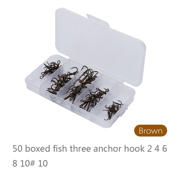 50st/Box Fiske Krok Vässad Trekrok 5 Storlekar 2/4/6/8/10 Fiskekrok Utrustning Brun