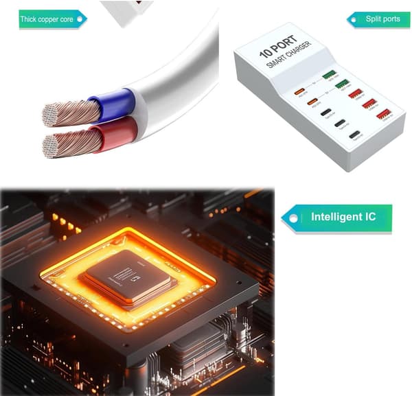 10-Port 72W Multiladestation til Smartphones, Tablets og Andre USB-Enheder