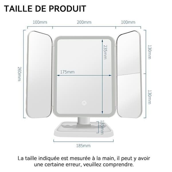 Makeup-spejl - Triptyk - 52 LED'er - 2X/3X forstørrelse - 3-farvet dæmpbart lys