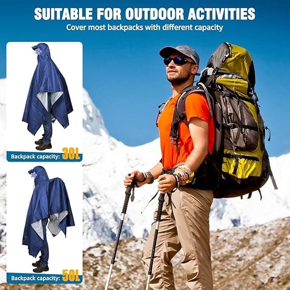 Waterproof Rain Poncho Lightweight Reusable Hooded Hiking One Size Navy