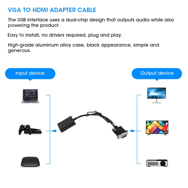 1080P VGA til HDMI konverter adapterkabel