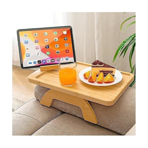 Kaffebrett i bambus – Clip-On sidebord for brede sofaer, sammenleggbart armlensbrett med 360° roterbar overflate