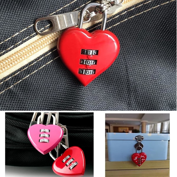Sæt med 2 hjerteformede hængelåse med nummerkode - rød - lille 3-cifret kombinationshængelås - til kufferter, skabe, skabe, rygsække