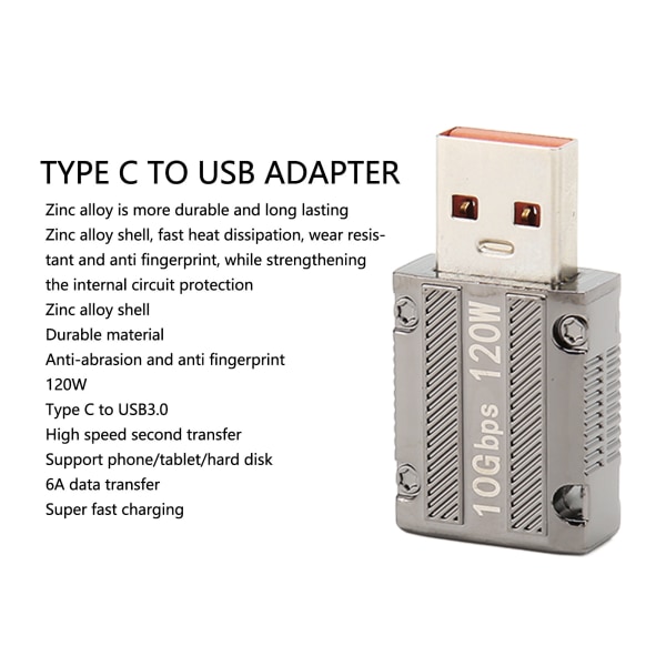 USB 3.0 til Type C-adapter - 10 Gbps dataoverføring, 120W hurtiglading, 6A - for bærbar PC, PC, Power Bank