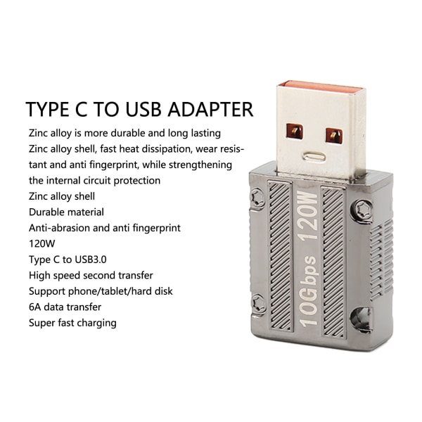 USB 3.0 til Type C-adapter - 10 Gbps dataoverførsel, 120W hurtig opladning, 6A - til bærbar computer, pc, powerbank