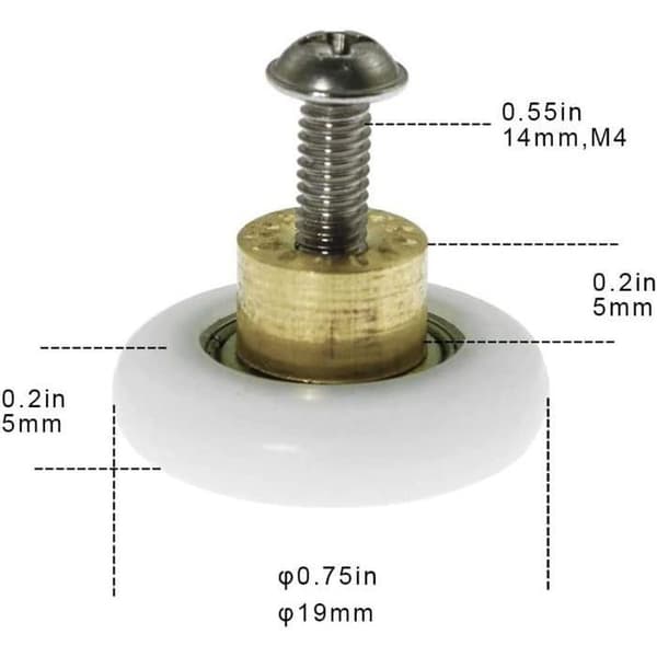 Sæt med 4 udskiftningsruller til skydedørsbruser med M4-skruer, 19 mm diameter