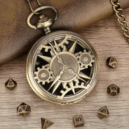 Mini DND terningesæt med steampunk bronze hulæske til lommeur, 7-delt polyhedralt metalsæt, Dungeons & Dragons gave