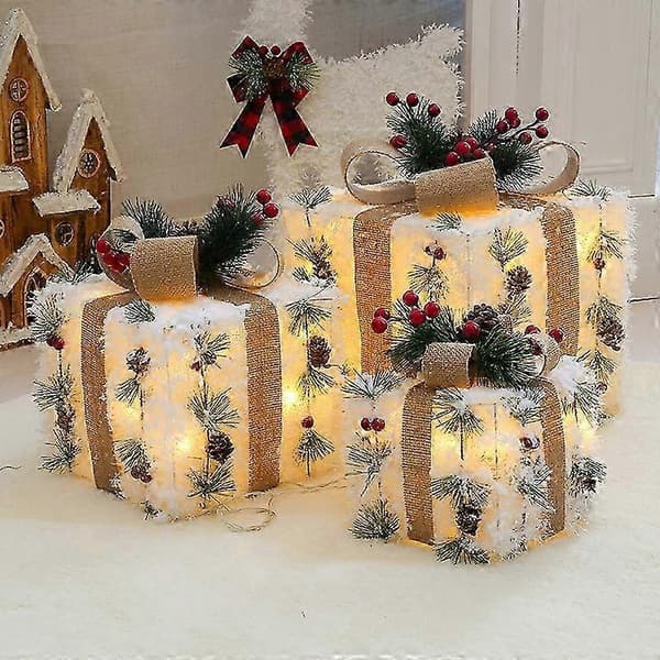 3 st/set Urholkad Juldekoration LED Presentförpackning Med Rosett Li...