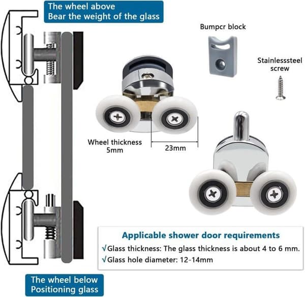 8 stk. 23 mm brusedørsruller, udskiftningsruller til skydedøre i brusenicher, velegnet til 4-6 mm glas