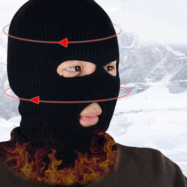3-håls Full Facial Cover Ull Stickad Huvudbonad Vinter Skidmössa Huvudbonad Svart