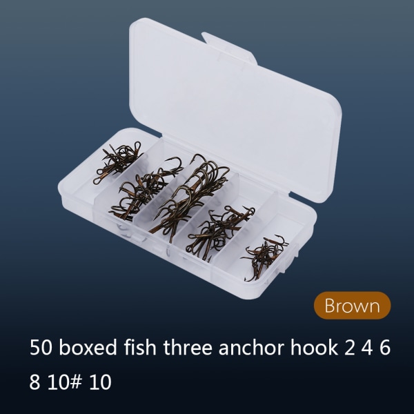 50st/Box Fiske Krok Vässad Trekrok 5 Storlekar 2/4/6/8/10 Fiskekrok Utrustning Brun