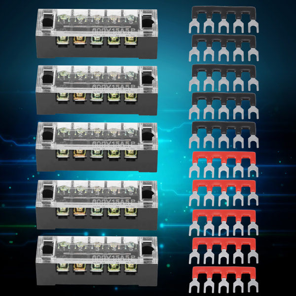 5 stk Dual Row 5 Posisjoner 600V 15A skrueterminalblokk+10 forhåndsisolert terminalbarrierelist