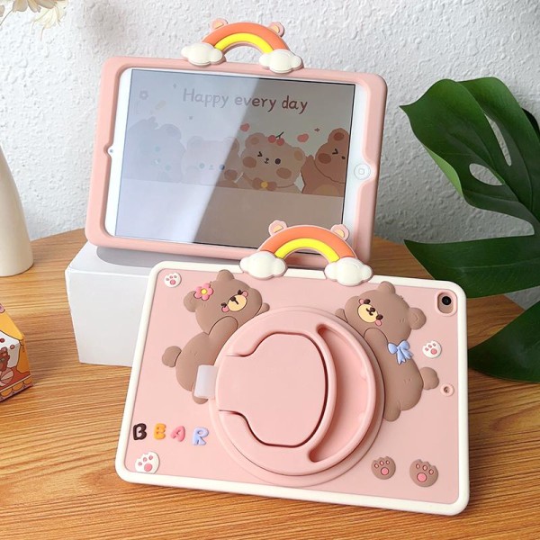 Pink Rainbow Bear iPad Mini 6 stødsikkert silikonetui med foldbart stativ, 360 graders roterende stativ
