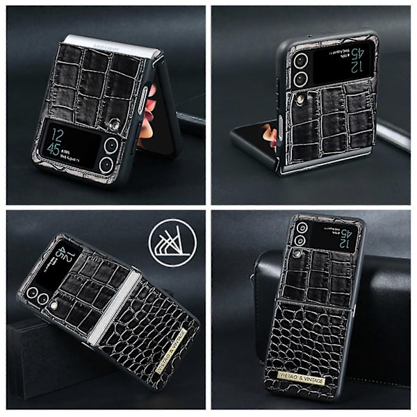 Crocodile Pattern Case Compatible with Samsung Galaxy Z Flip 4, PU Leather + Shockproof Hard PC Frame Protection