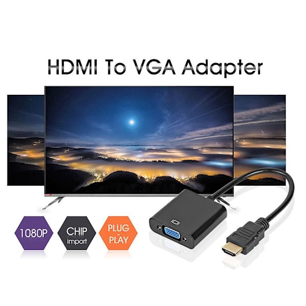 HDMI-VGA-sovitin, 1080p HDMI-uros - VGA-naaras äänentoistolla kannettavalle tietokoneelle, tietokoneelle, pöytätietokoneelle, TV-boksille, Xboxille, PS3:lle, PS4:lle jne. - Musta