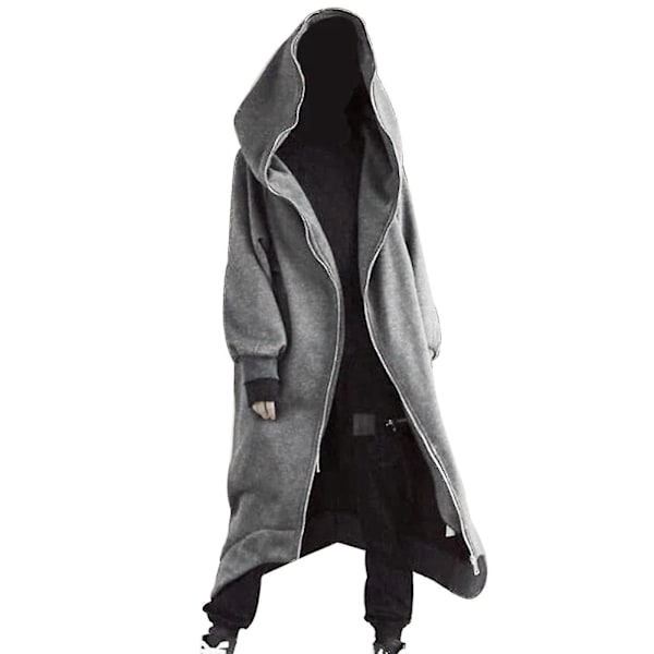 Nazgul Long Hooded Coat with Zipper Closure, Unisex Long Sleeve Fleece Lined Hoodie - Gray