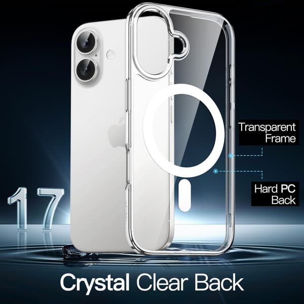 Magnetiskt skal för iPhone 17, stötsäker stötfångare, reptålig, transparent baksida – Transparent
