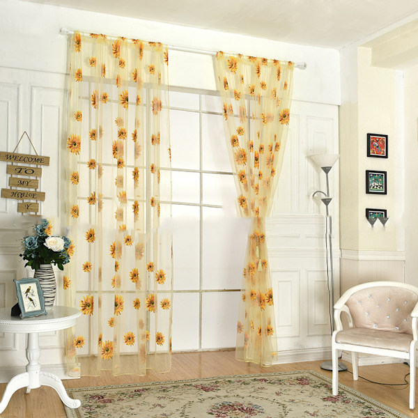 Sunflower Pattern Curtain Home Decoration Polyester Fibre Window Tulle Curtain Flower Organza Curtain Yellow 100x200cm/39.37x78.74in