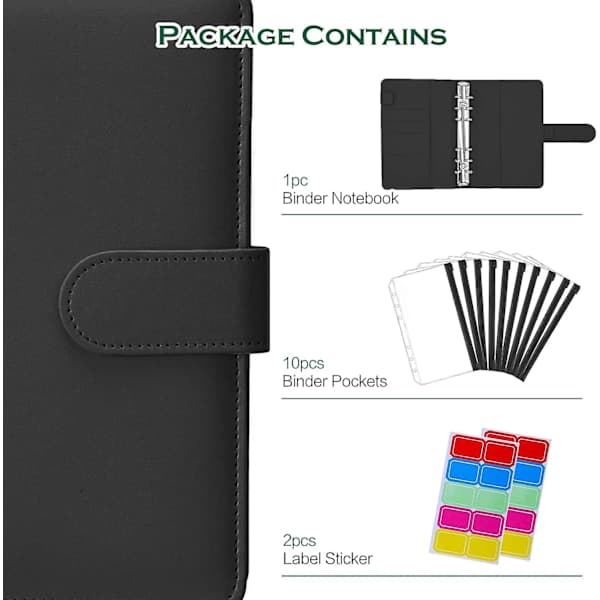 A6 PU-læder budgetmappe - 6-rings mappe til budgetplanlægning (sort) Sort Black