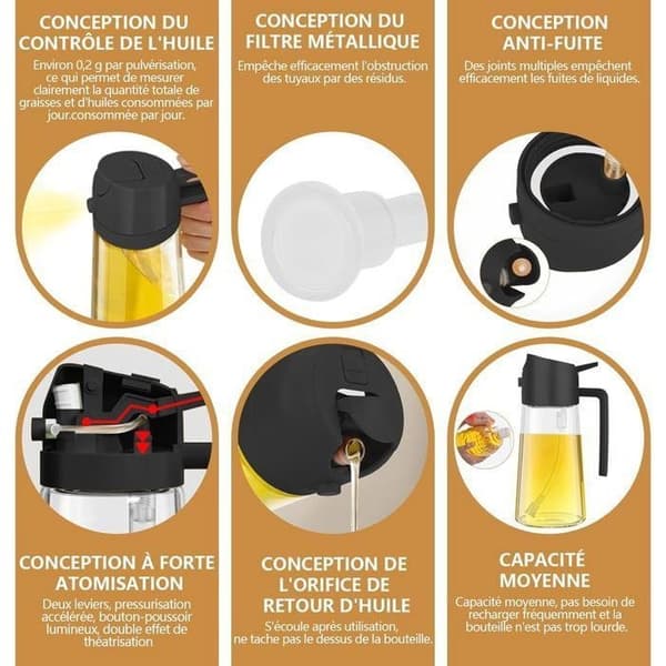 2-i-1 Oliesprøjte og Dispenser 470ml – Glas & PP, Spray og Hælder, Tåler Opvaskemaskine, Sort