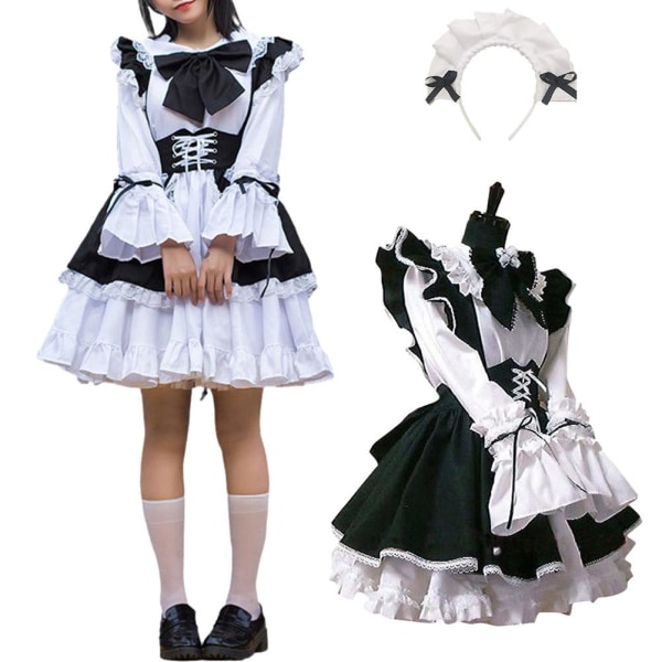 Hushjelp Antrekk lange ermer Anime Maid Forkle Fancy Dress Cosplay-kostyme med pannebånd for fest menn XL