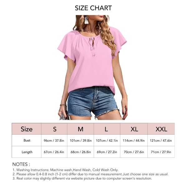 Kvinde afslappet chiffon top trykt V-hals kortærmede bluser skjorte med snøre til sommer Pink XL