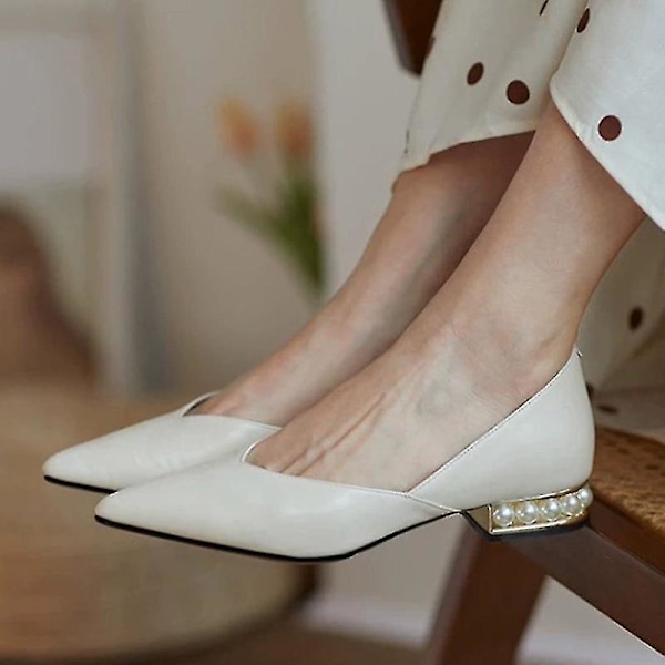 Dames Høst Beige Spisse Tå Perle Hæl Slip-on Ballerina