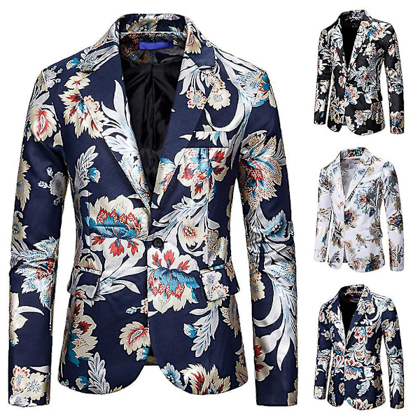 Blå Blazer med Blomstertrykk for Menn - En-knapps Prom Dress