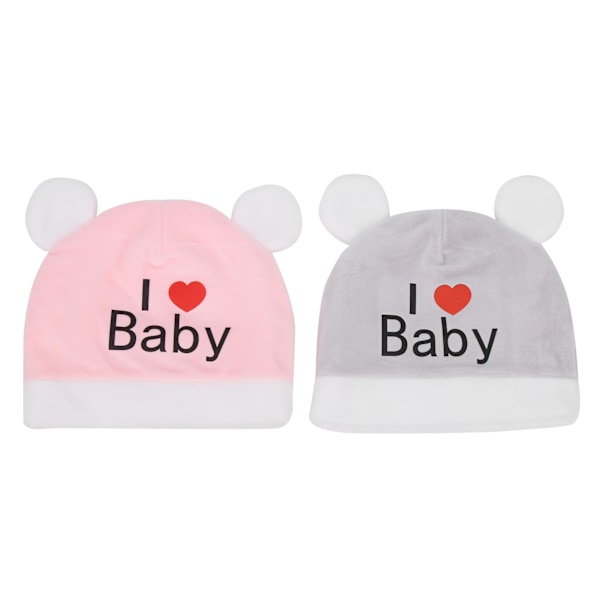 2pcs Baby Hats Unisex Hearted Winter Plush Warm Newborn Hats Caps Beanie for ToddlerGray+Pink