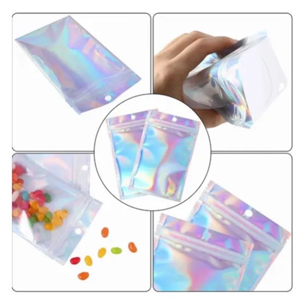100 STK hologram cellofan selvforseglingspose 9 x 12 cm iriserende glidelåslåspose for godterikjeks