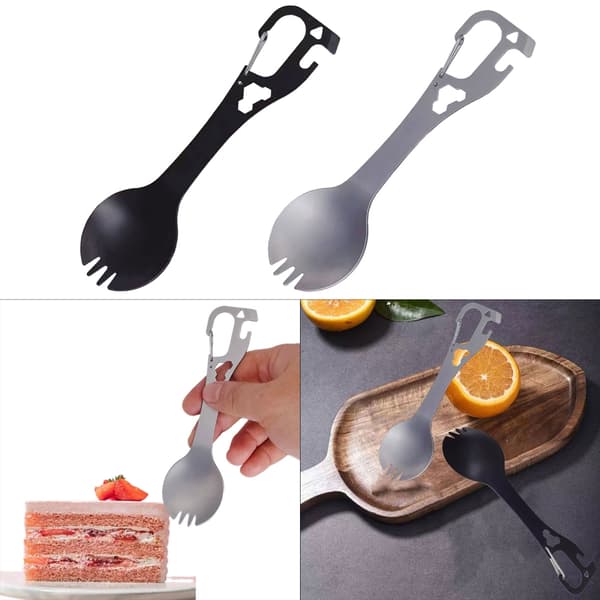 5 i 1 Spork i Rustfrit Stål Campingbestik med Ske, Gaffel, Flaskeåbner