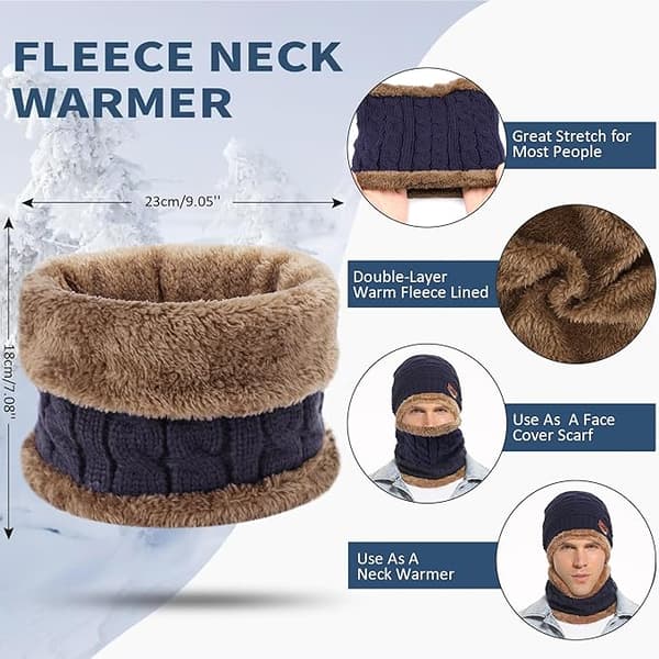 Vintervarm mössa och halsduk i ullstickad mössa och loop-halsduk med tjockt fleecefoder för män och kvinnor Navy blue