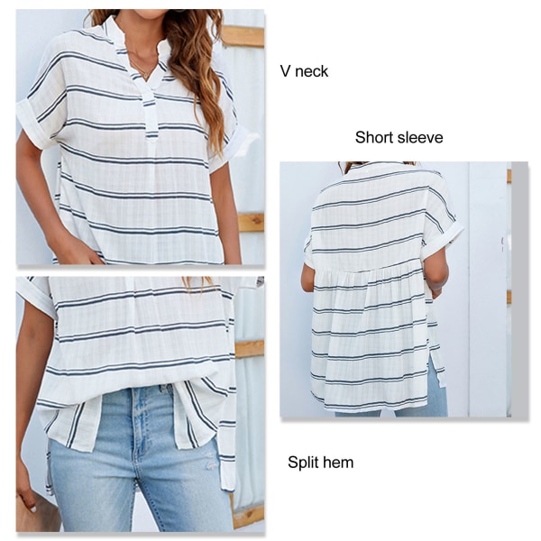 V-hals kortærmet bluse Damer Enkel Stilfuld Casual Løs Split Hem Shirt Toppe til dagligdagen Work Stripe XL