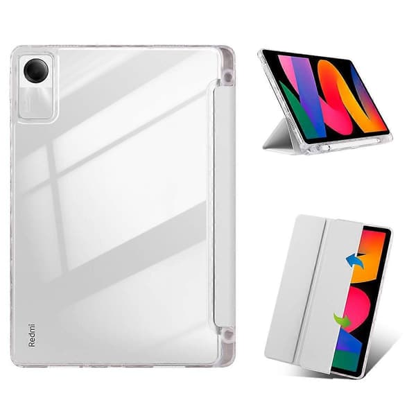 Case for Xiaomi Redmi Pad SE, Tri-Fold Stand Leather+TPU+Acrylic Clear Back Tablet Protection