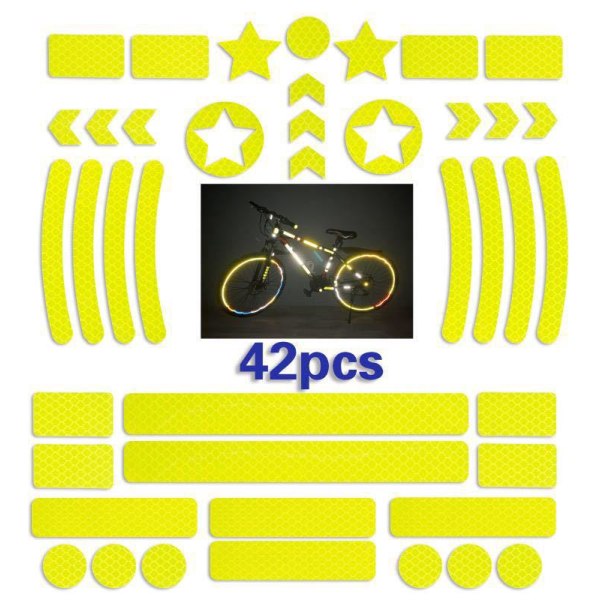 42 tarraa polkupyöriin (keltainen), heijastimet polkupyöriin, tarrat moottoripyörien heijastimiin, tarrat skootterien heijastimiin, kypärät