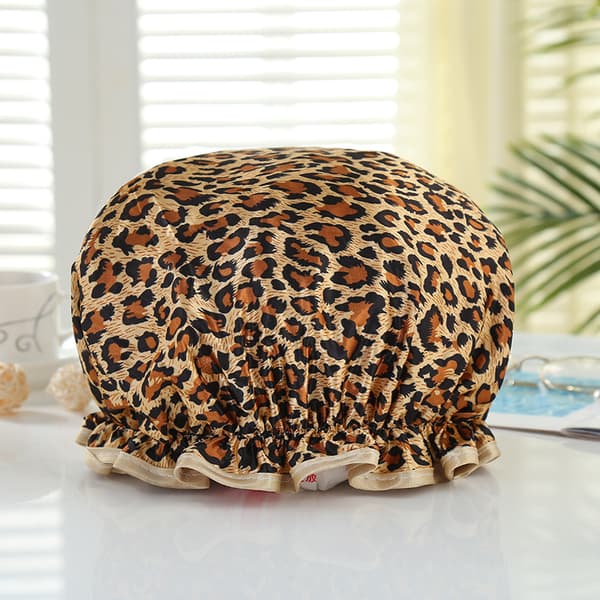 1 st Duschmössa Återanvändbar Duschmössa, Dubbellager Förtjockad Vattentät Duschmössa (Leopardtryck)